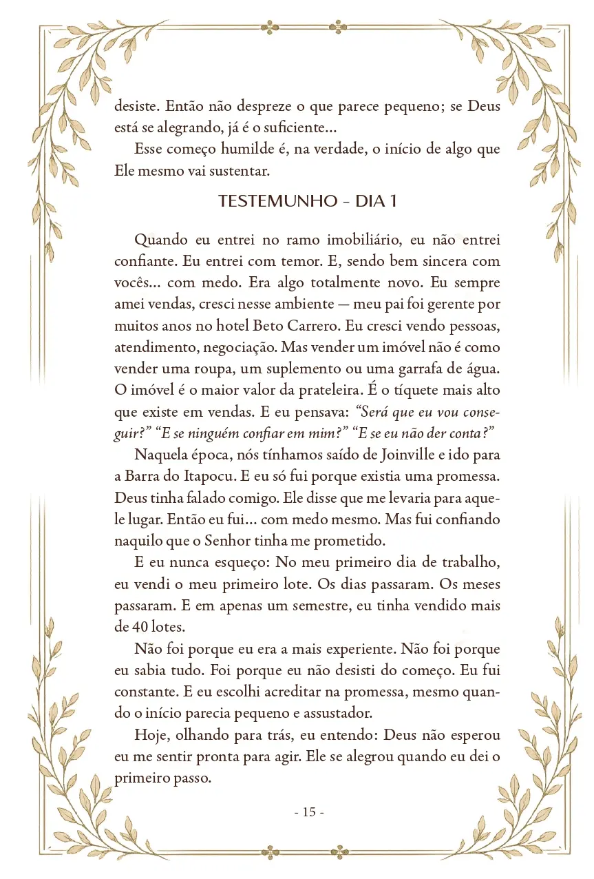 Página interna do livro: testemunho do dia 1